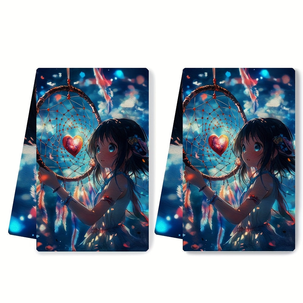 This set includes two ultra-soft kitchen towels with a charming anime girl crafting a heart-shaped dreamcatcher. These dish towels are highly absorbent, great for holiday decor, and can be easily cleaned in the washing machine. Each towel measures