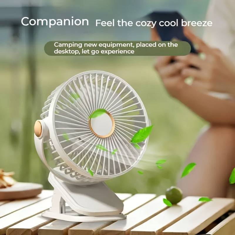 Portable USB Rechargeable Desk Fan with Nightlight - 1 Piece, 5 Speeds, 720° Rotation, Clip-On Design, Quiet Operation, Easy to Clean, Suitable for Indoor and Outdoor Use, Made of Durable Plastic, Includes Push Button Control and Built-in Lithium Battery.