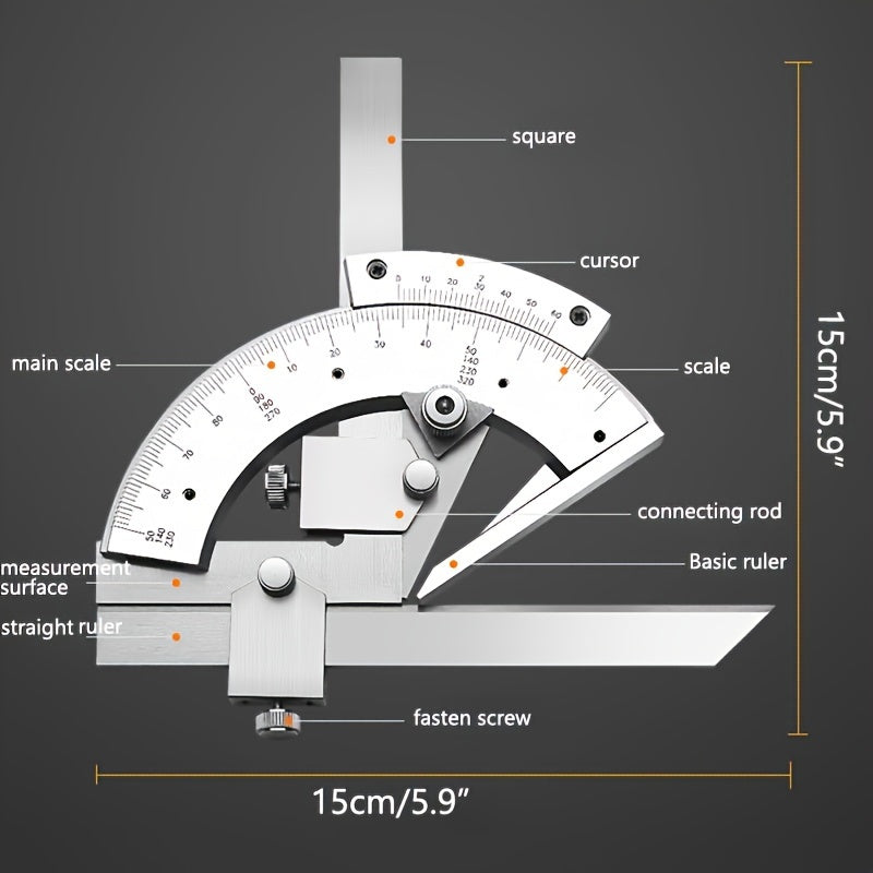 High precision universal angle ruler with 320 degrees measurement capability. Can be used as a multifunctional industrial protractor gauge and measuring instrument tool.