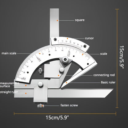 High precision universal angle ruler with 320 degrees measurement capability. Can be used as a multifunctional industrial protractor gauge and measuring instrument tool.