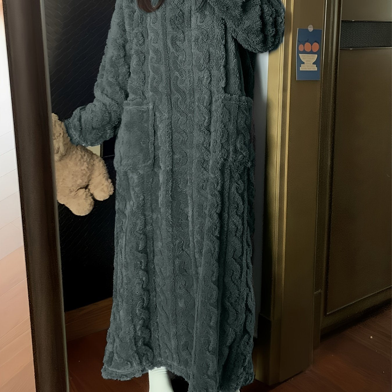 Women's fleece-lined long sleeve nightgown with cable knit texture - ideal for Fall/Winter.