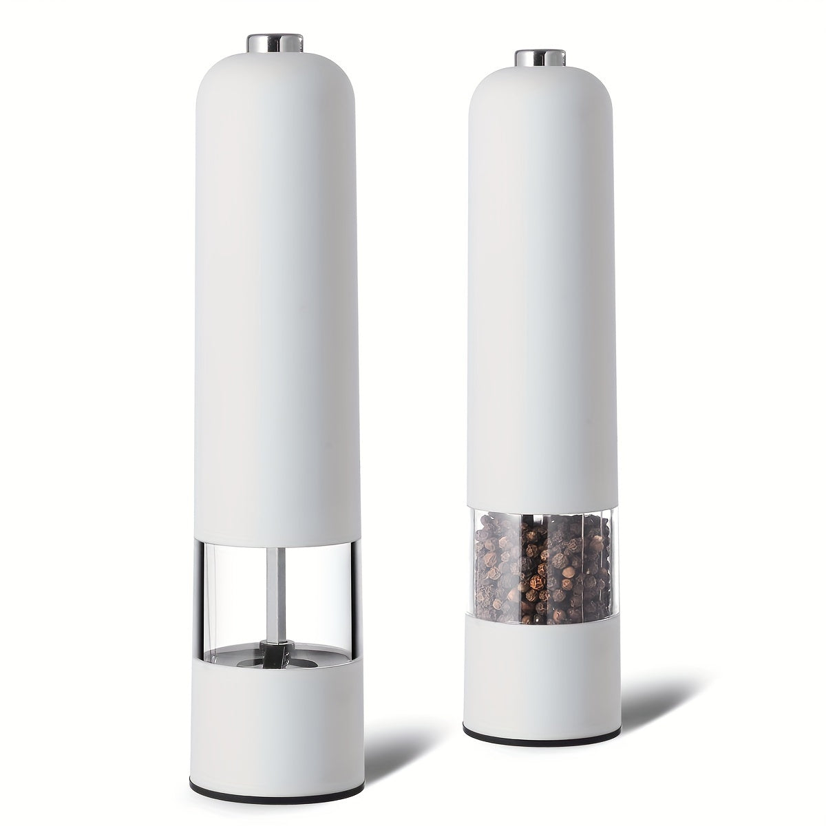 Automatic electric salt and pepper grinder set with adjustable coarseness, ideal for cooking and BBQs.