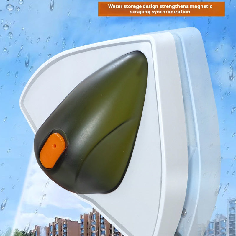 Magnetic window cleaner with water storage, plastic squeegee, and dust collection for glass surfaces in various rooms and vehicles, including high-rise buildings.