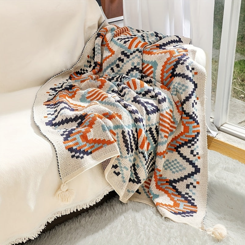 Bohemian Blanket with Geometric Pattern and Tassel - Ideal for Nap Time, as a Sofa Throw, or to keep you cozy while using the Air Conditioning