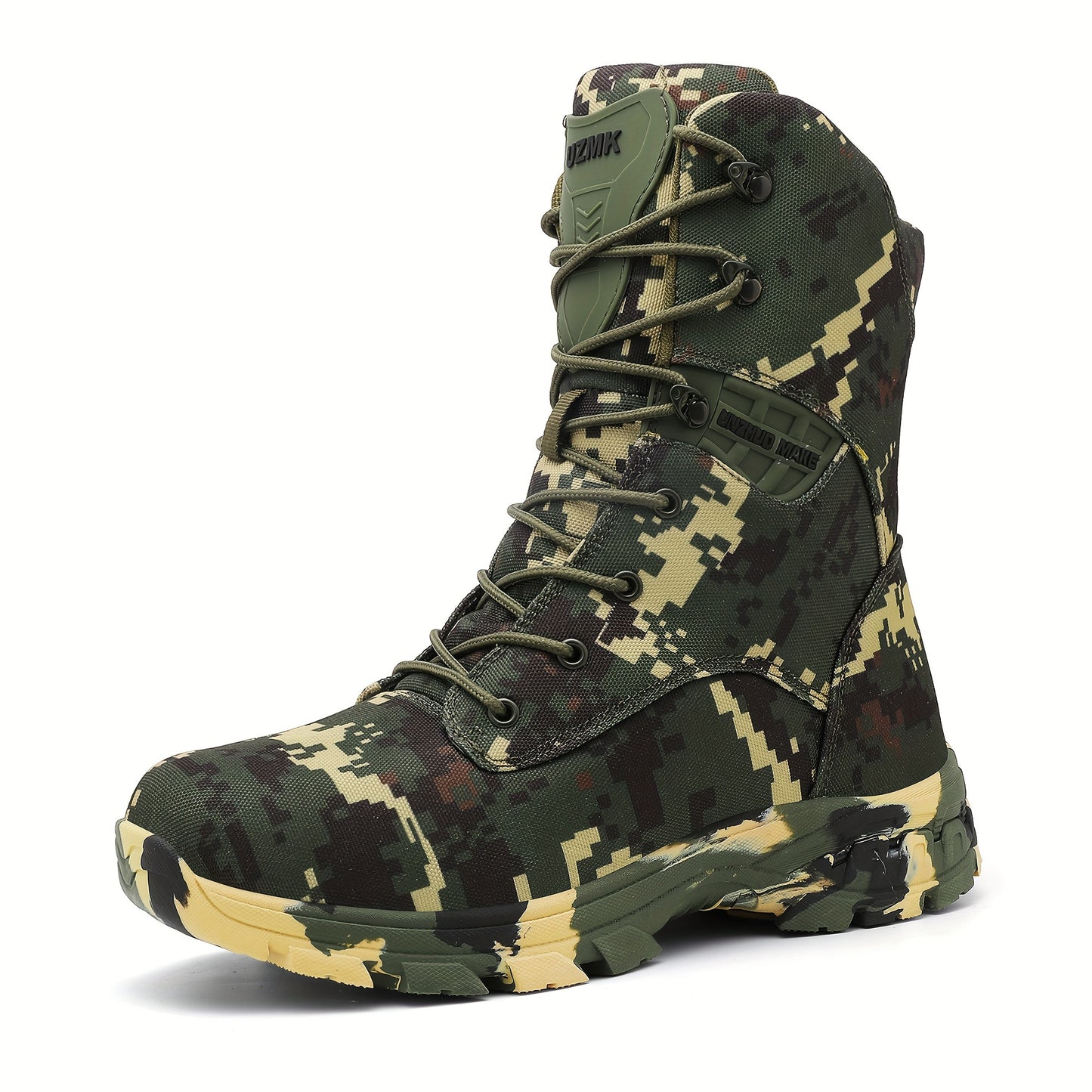 UNZHUO Men's High Top Camouflage Hiking Boots with Zipper Closure, Nylon Upper, Rubber Sole, Non-Slip EVA Insole, Striped Pattern, All-Season Outdoor Footwear.