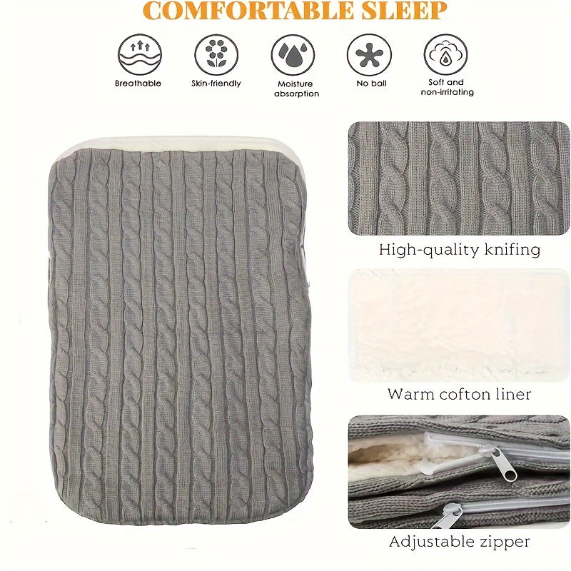 Machine washable baby foot cover with knitted microfiber filling for warmth and comfort.