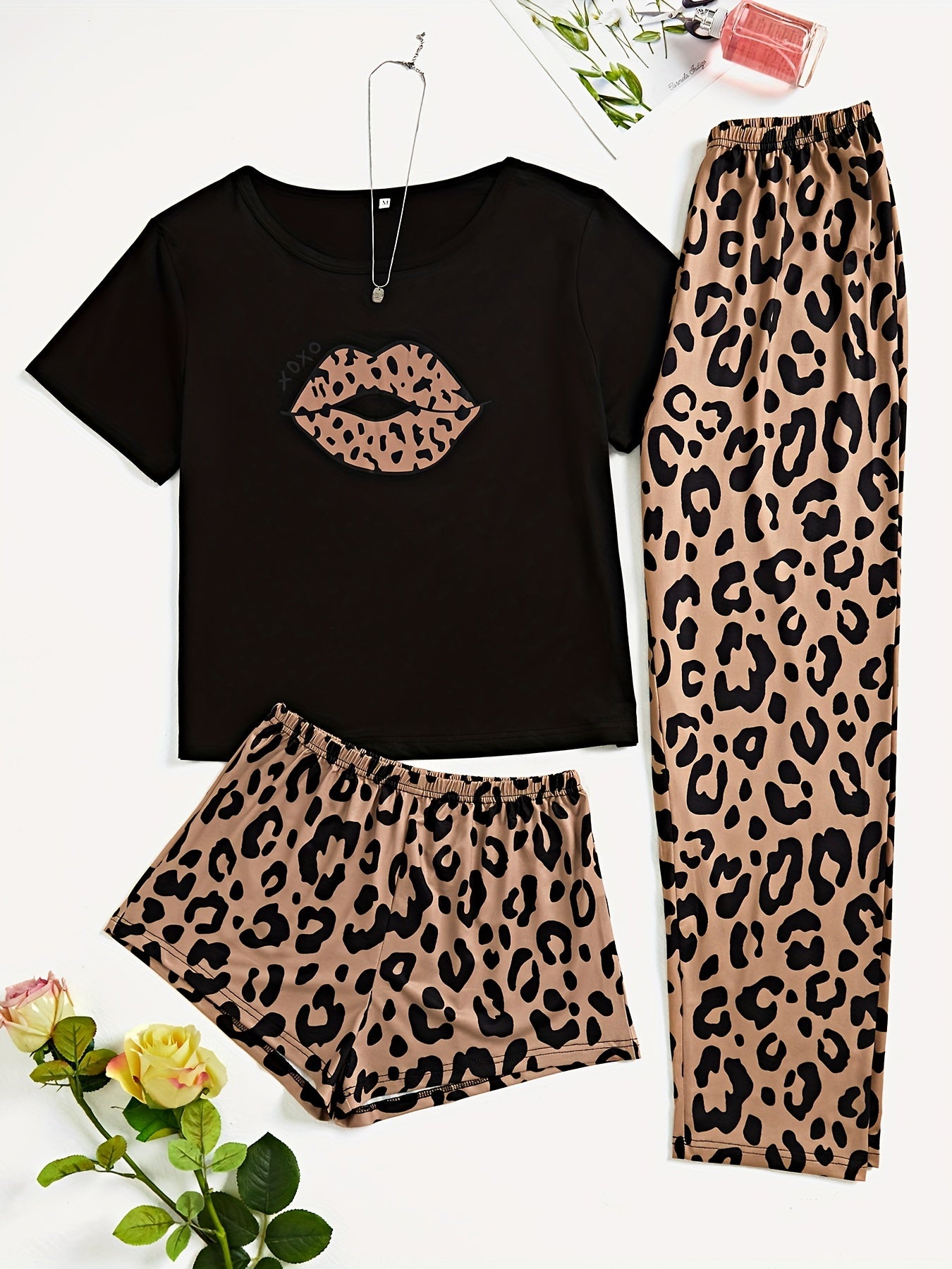 3pc Lips & Leopard Print Pajama Set for Women: Short Sleeve Top, Shorts, and Long Pants with Slight Stretch, Breathable and Comfortable Loungewear for Sleep.