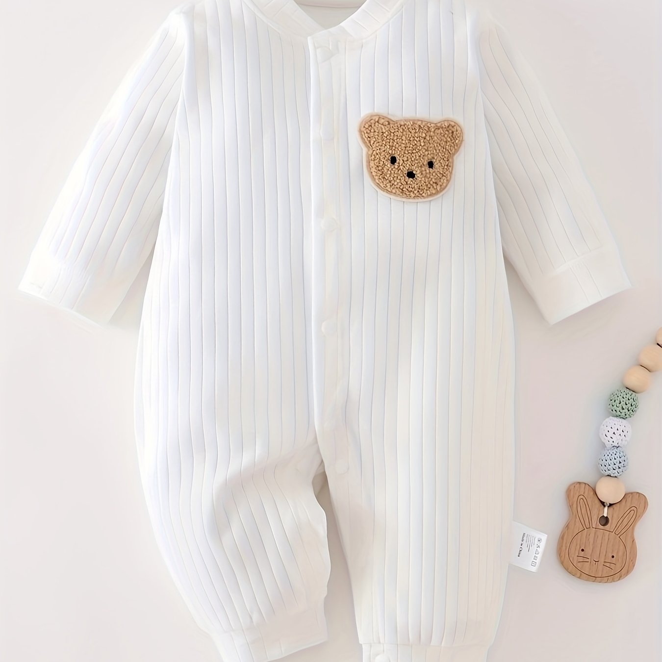 Cute Teddy Bear Cotton Romper with long sleeves and front button closure, suitable for all seasons, ideal for outdoor wear.