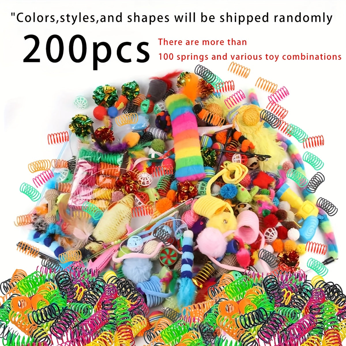 Mixed pack of 200/64/32/16 cat toys, including plastic and plush toys for multiple cats. Variety allows for different toys daily. Randomly shipped in various colors, styles, shapes, and