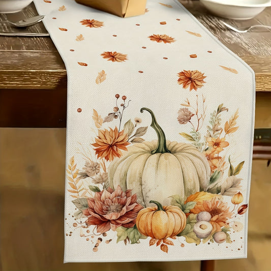 1 piece of Autumn Harvest Festival Linen Table Runner, 33.02cm x 182.88cm, Thanksgiving and Fall Season Decor, Pumpkin Design, Knit Fabric made of 100% Polyester. Ideal for Indoor and Outdoor Parties.