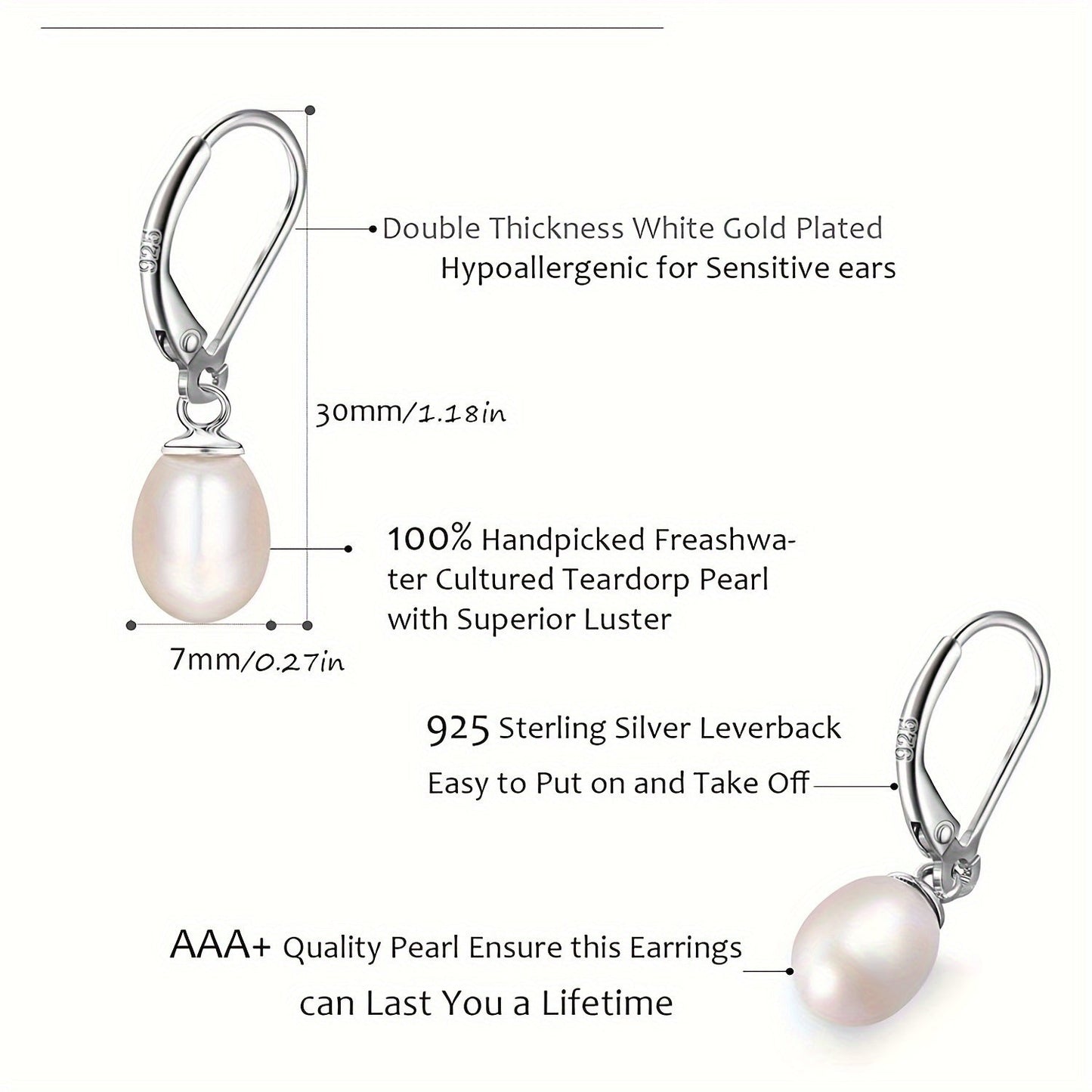 Valentine's Day Gift - Beautiful French-Inspired 925 Sterling Silver Leverback Dangle Pearl Earrings Set, 2 Pairs of AAA+ Freshwater Cultured Pearls, Platinum Plated for Summer Events and Formal Occasions, Lightweight at 5g/0.17oz.