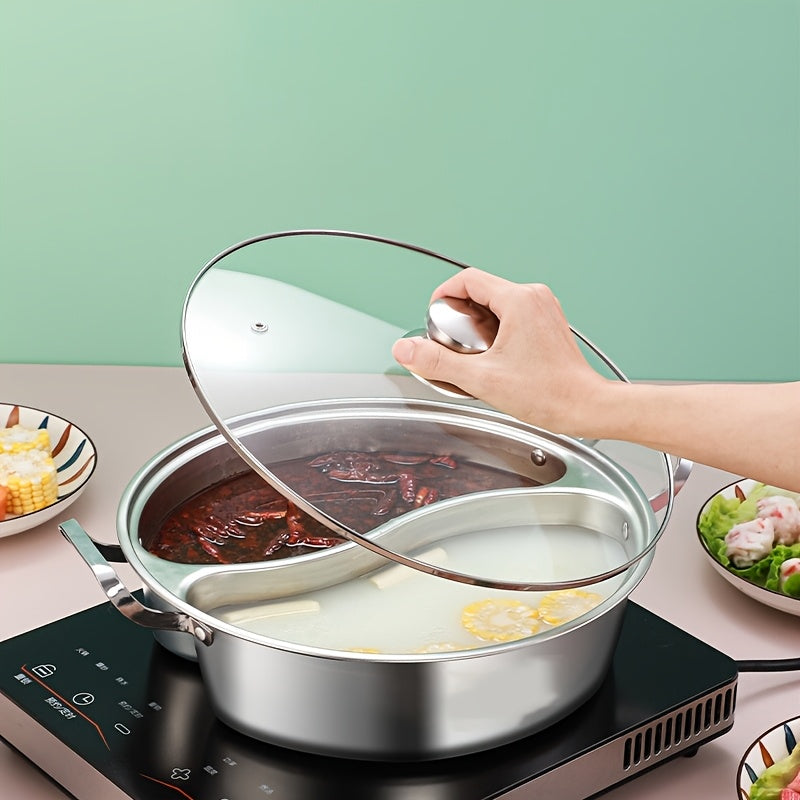 Stainless Steel Dual-Compartment Hot Pot for Induction Cooktops, Chinese Style with Divider, Two Flavors Sharing Design