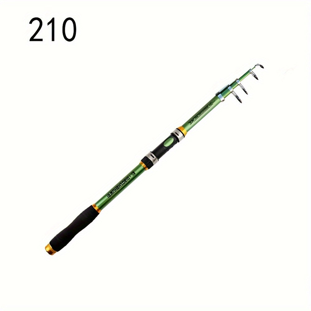 Telescopic fishing rod made of carbon fiber and FRP, 30-70cm extendable with green and black design. Features comfort foam handle and durable ceramic and stainless steel reel seat. Ideal