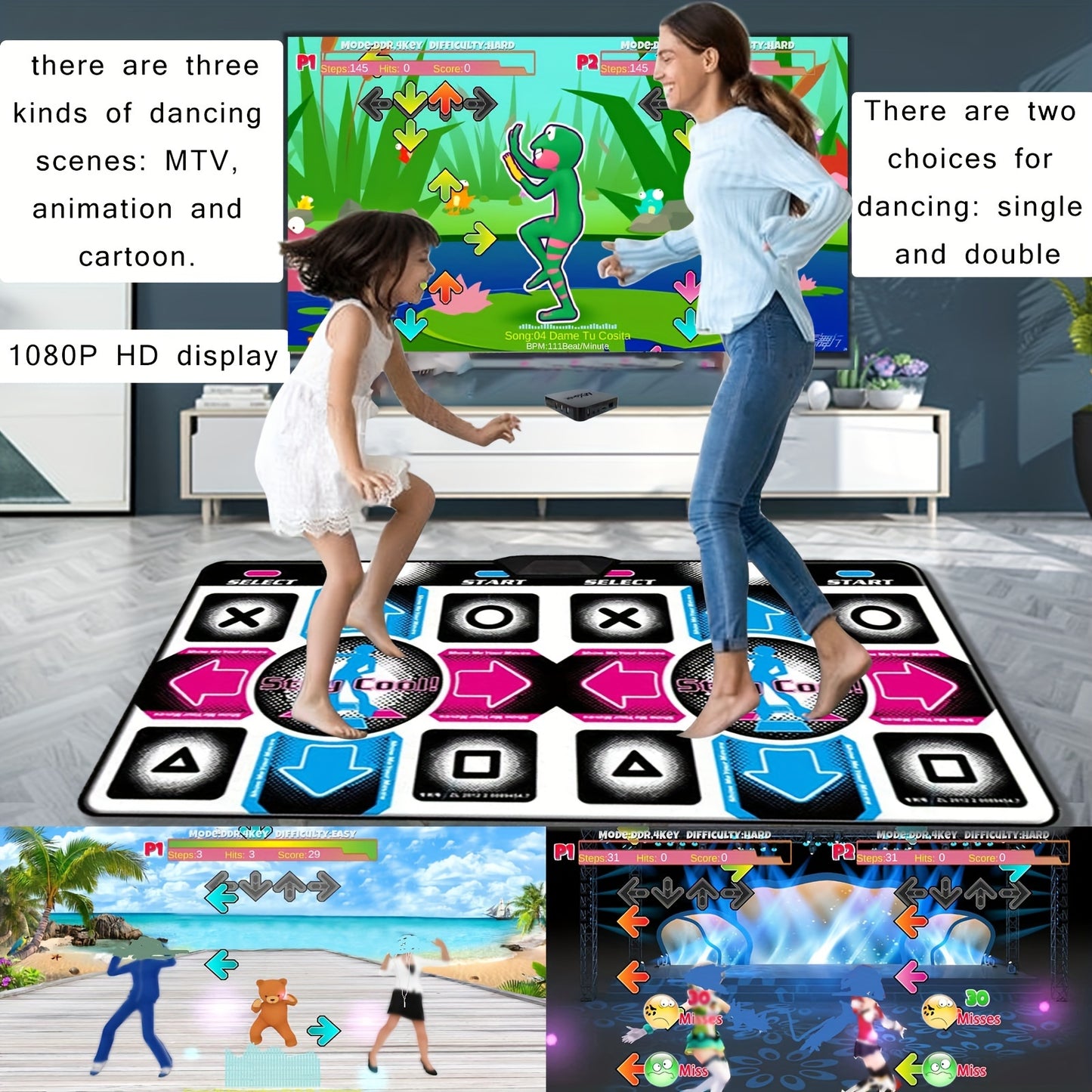 Dual-player dance mat with HD graphics, interactive dance game console, USB powered, PVC material, includes 2 gamepads, for ages 3-8, no batteries needed.