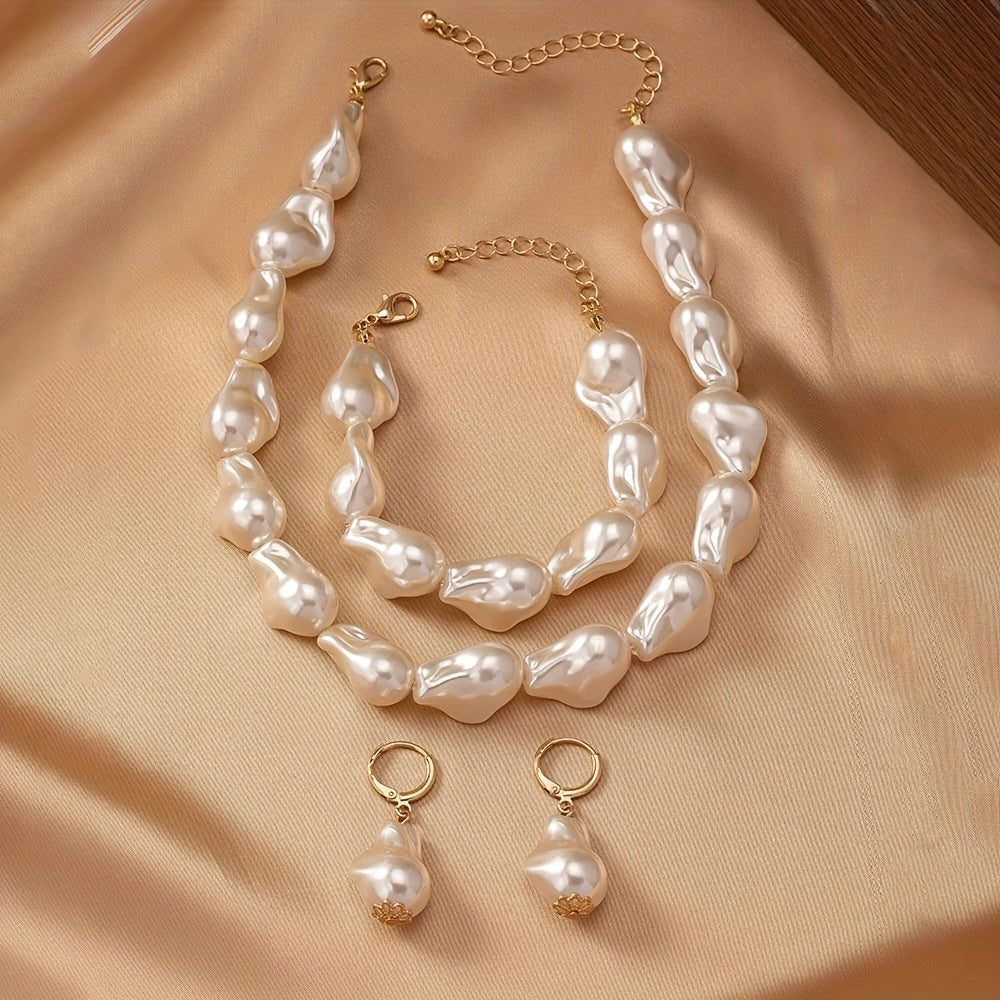 This women's jewelry set features elegant imitation pearls with a simple, un-plated design. The set includes a baroque pearl necklace, bracelet, and earrings, making it versatile for everyday wear. The unique geometric shape design adds a touch of