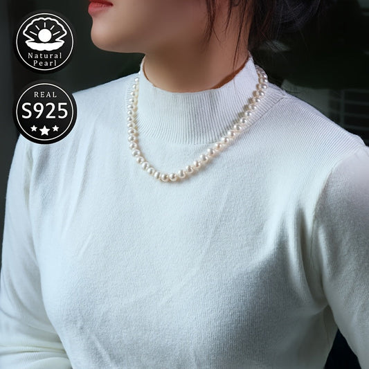 This S925 Silver Pearl Necklace features 8-9mm Natural Freshwater Pearls, perfect for everyday wear. Each pearl is unique in shape, color, and pattern placement, adding a touch of elegance to your outfit for any occasion.