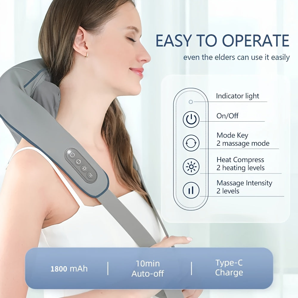 Cordless neck and shoulder massager with heat and 6 nodes. USB rechargeable for whole body relaxation. Great gift idea.