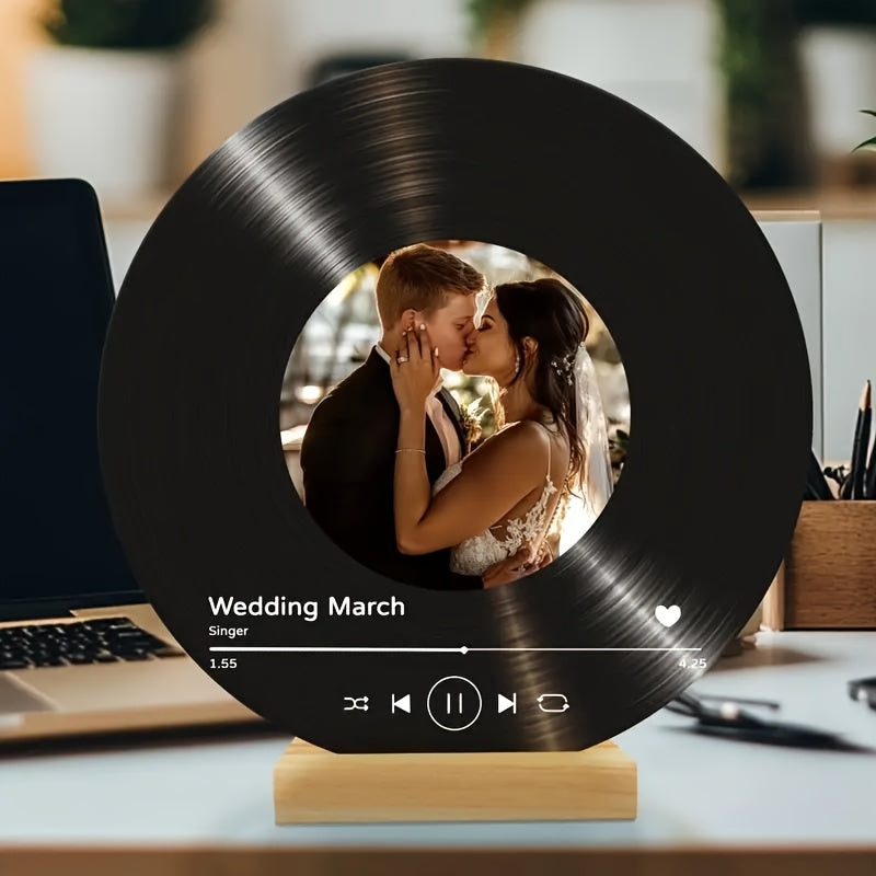 Rectangular Wooden Based Personalized Vinyl Record Photo Display - A Vertical Acrylic Frame perfect for Wedding, Anniversary, Birthday, Valentine's Day, Christmas Gift featuring a Single Picture with a Polished Finish.