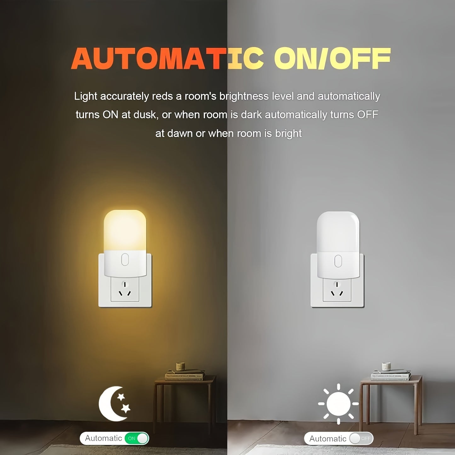 Adjustable brightness 1 or 2 piece plug-in LED night light for bedroom, bathroom, kitchen, corridor, and stairs in warm white.