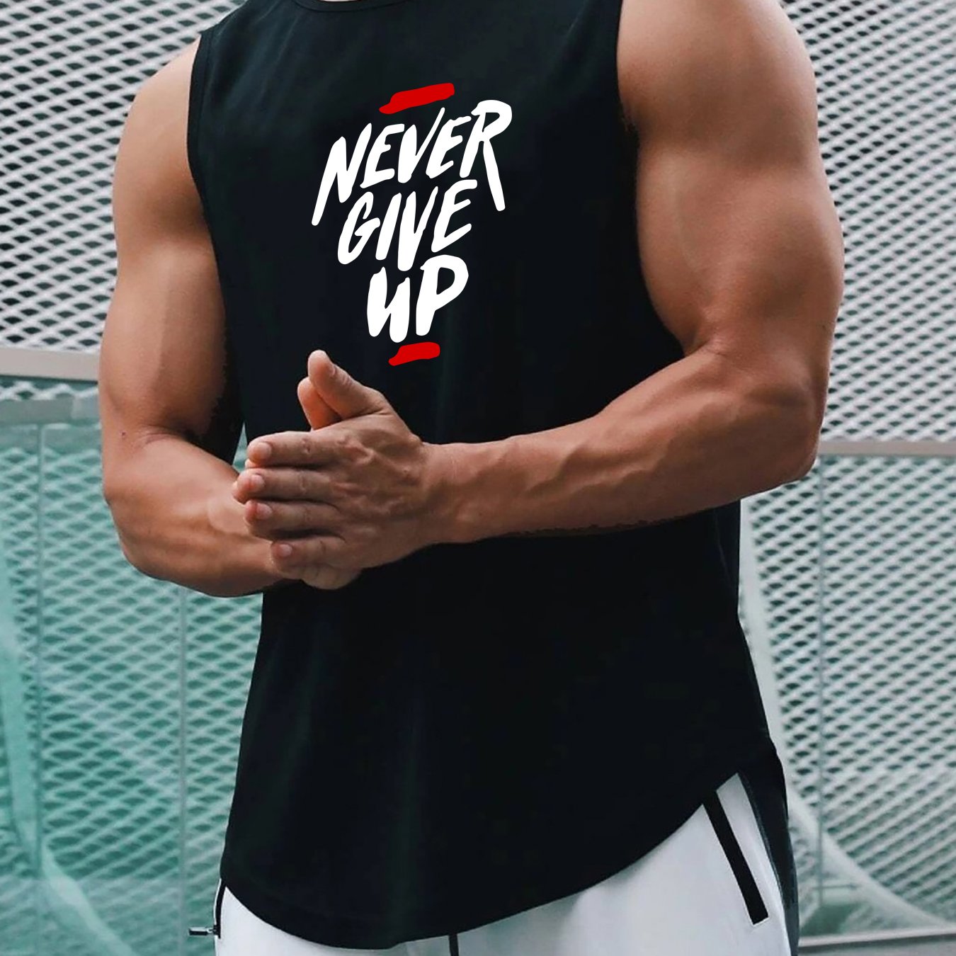 Comfy and breathable tank top for men, perfect for summer workouts and basketball training. Features bold "Never Give Up" print.