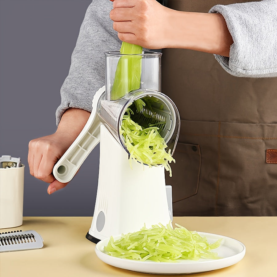 Versatile Kitchen Tool: Manual Rotary Mandoline Slicer with Interchangeable Blades - Made of ABS Material, Hand Crank Operation for easy slicing, grating, and shredding of vegetables and cheese.