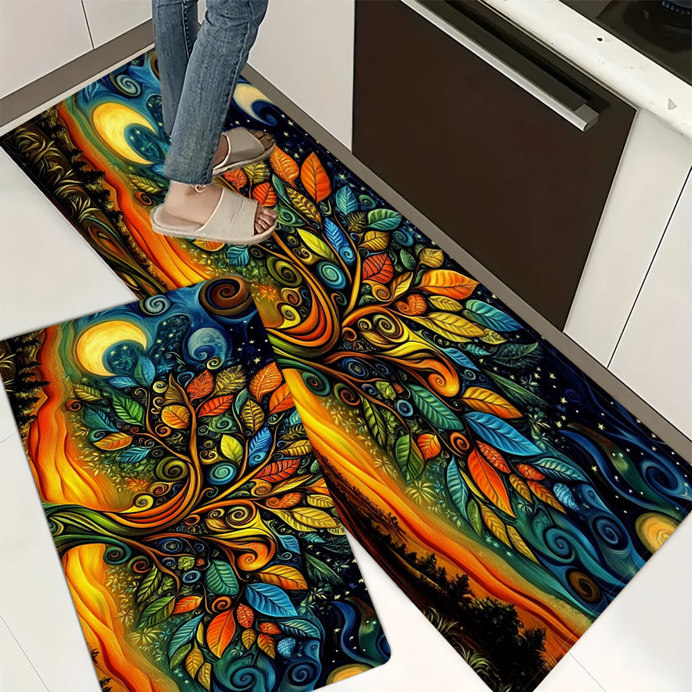 Kitchen Mat with Vibrant Abstract Tree Design - This 1pc mat is waterproof, anti-slip, and super absorbent, made of polyester that is machine washable. Perfect for use in kitchens, corridors, home offices, sinks, laundry rooms, and on kitchen floors.