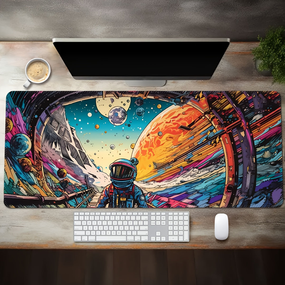 Large gaming mouse pad with a space theme, made of rubber with precision-locked edges. Washable and non-slip for computer eSports.