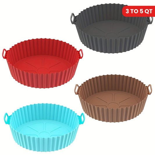 Set of 4 silicone liners for air fryer pots, suitable for 3 to 5 QT sizes. Can also be used in air fryer baskets as a replacement for flammable parchment paper. These reusable baking tray oven accessories have a top diameter of 8 inches and a bottom