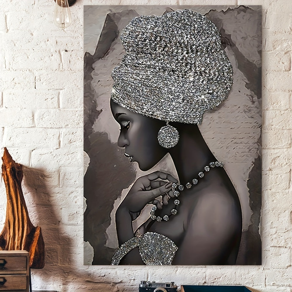 Abstract canvas painting featuring a silvery glitter embroidered African woman, ideal for home or office wall decor. Frame not included.