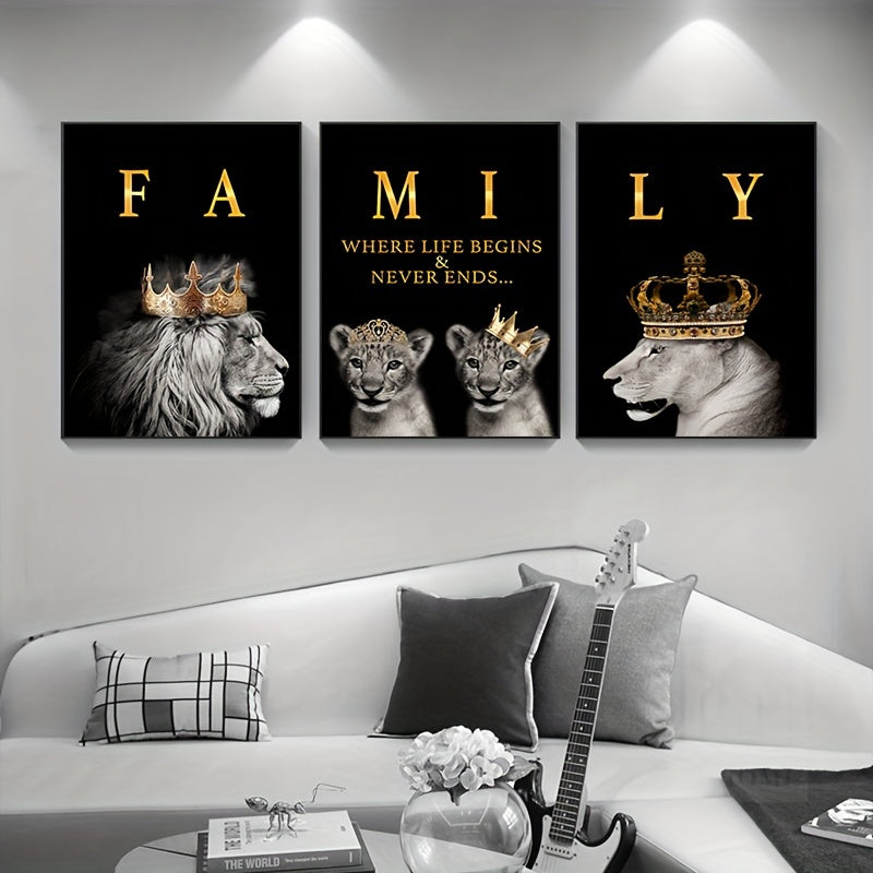 Modern abstract lion family canvas painting, 3 pieces, 15.7*23.6in/40cm*60cm, motivational quotes, frameless, for living room decor.