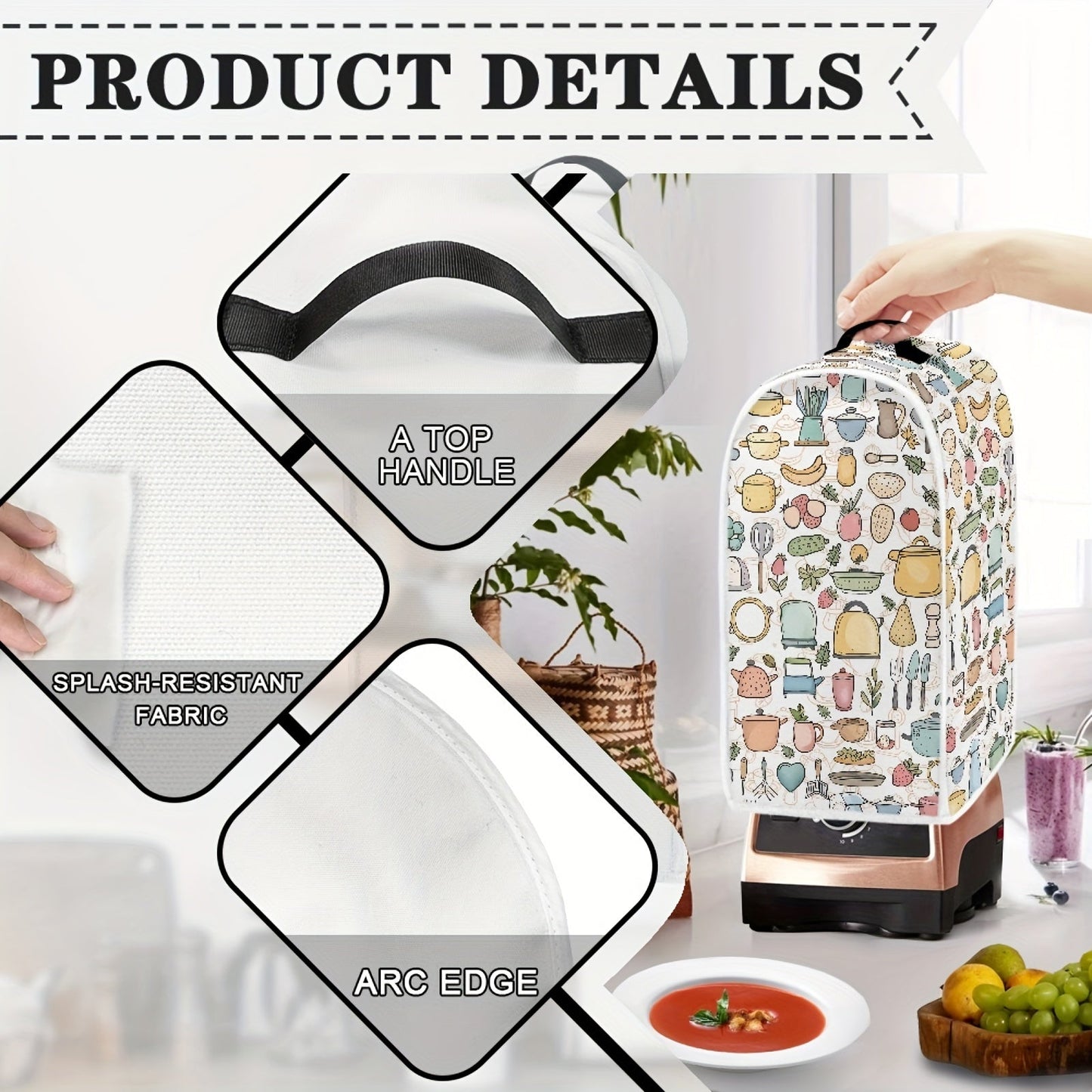 Cartoon-themed kitchen appliance cover for blender, stand mixer, coffee maker, juicers, and food processors. Features top handle for easy handling and is stain-resistant for dust protection.