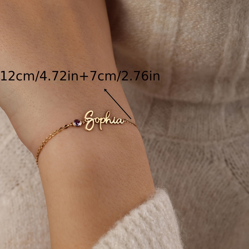 Elegant 18K Golden Plated Stainless Steel Name Bracelet with Synthetic Zirconia, Vintage Style Customized Birthstone Jewelry for Everyday Wear and Special Events