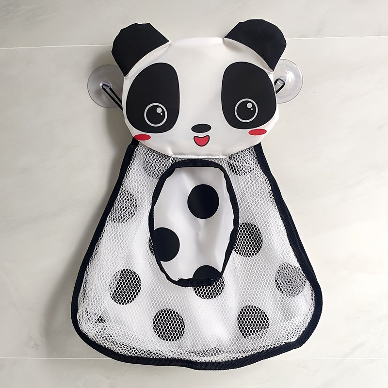 Large capacity mesh storage bag featuring cartoon animal designs, including a duck, frog, tiger, and panda. Comes in a 1-piece set with suction cups for hanging. Can be used for storing toys or other items. Measures 39.98 * 31.98 cm.