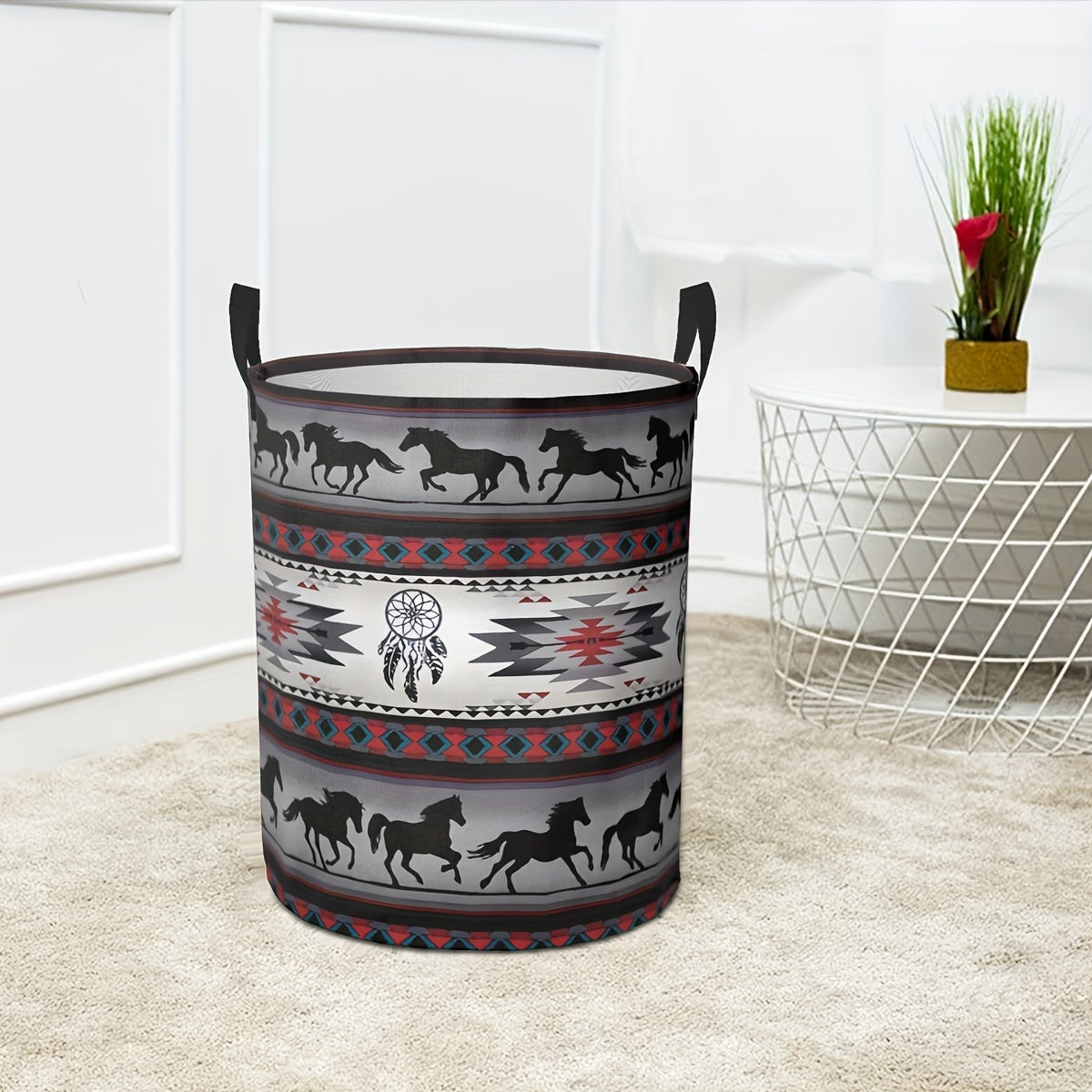 Large Capacity Foldable Laundry Basket with Handles, featuring a Galloping Horse Pattern. Durable and Stylish Polyester Round Hamper for Toy Storage in the Laundry Room, measuring 41.91 x 35.05 cm.