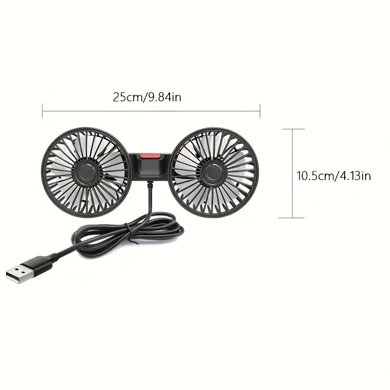 Compact car fan with dual-head rear seat design, providing powerful airflow with 5 blades and 360-degree rotation. Offers large air volume and operates quietly, with easy clip installation and foldable design that hides under the headrest. Removable for