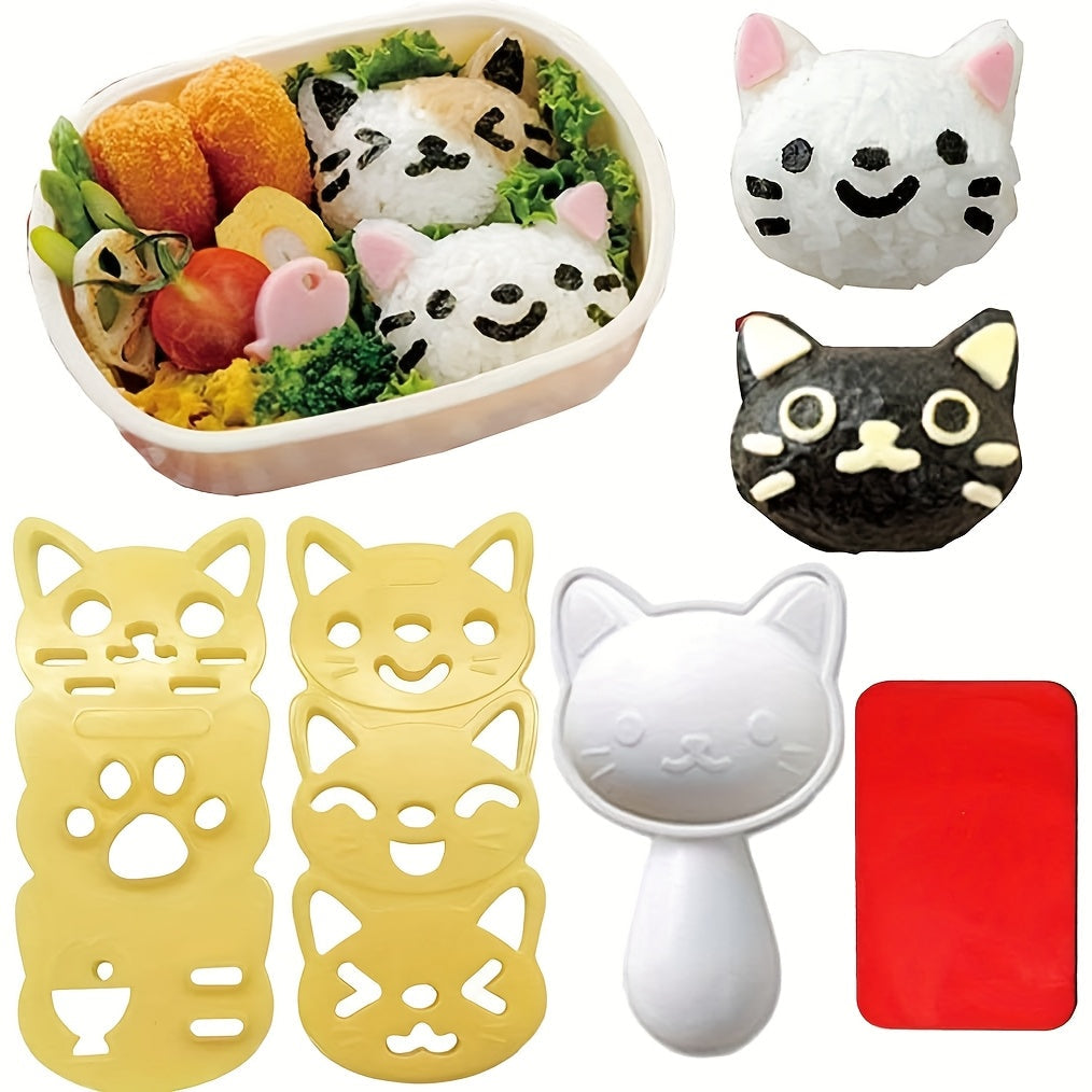 Set of 4 adorable cat-shaped molds for creating small rice balls, perfect for making cute cat-patterned sushi and bento. This kitchen tool is ideal for family gatherings and includes a nori punch knife for added versatility.