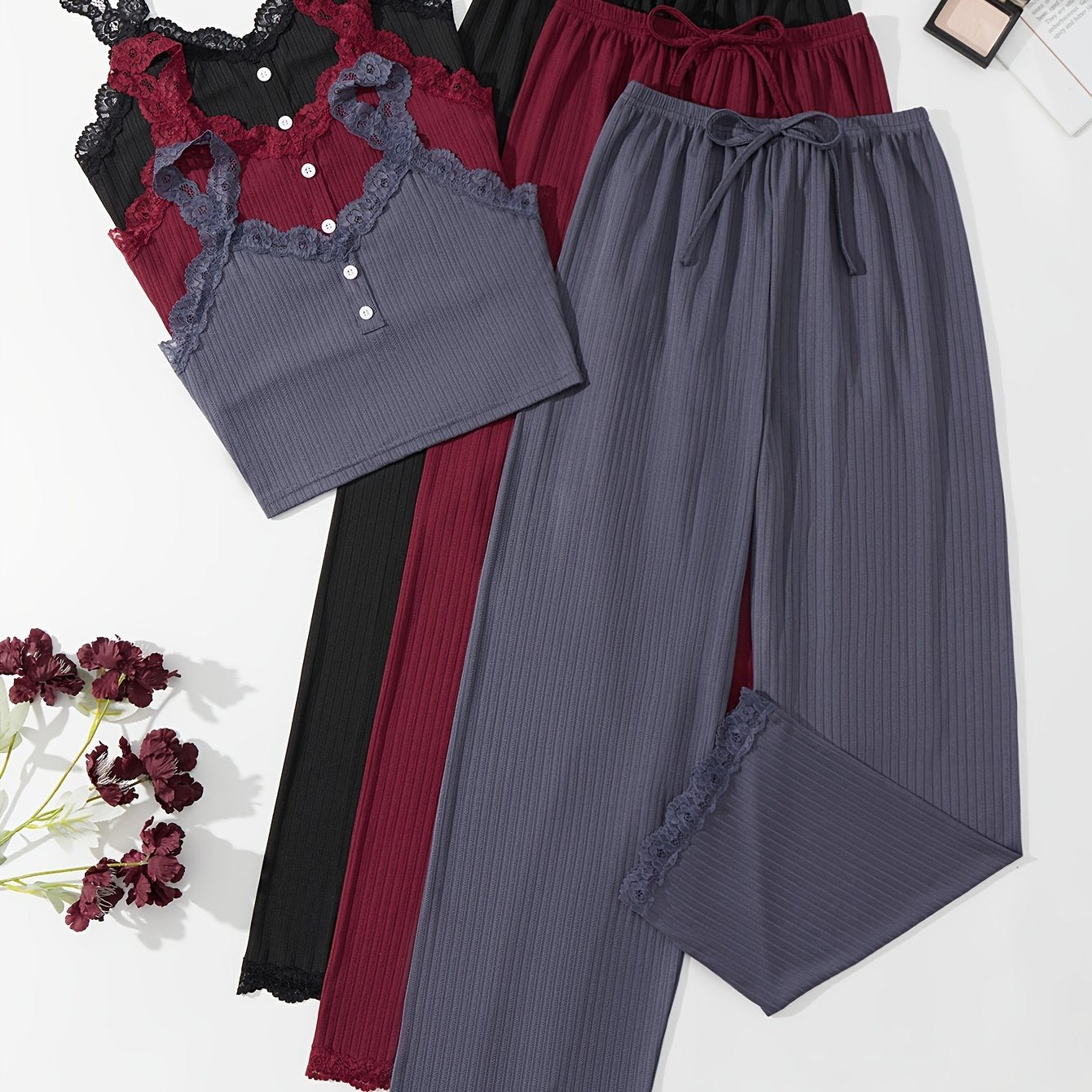 3-piece lace trim lounge set for women includes V-neck cami top and elastic waistband pants.