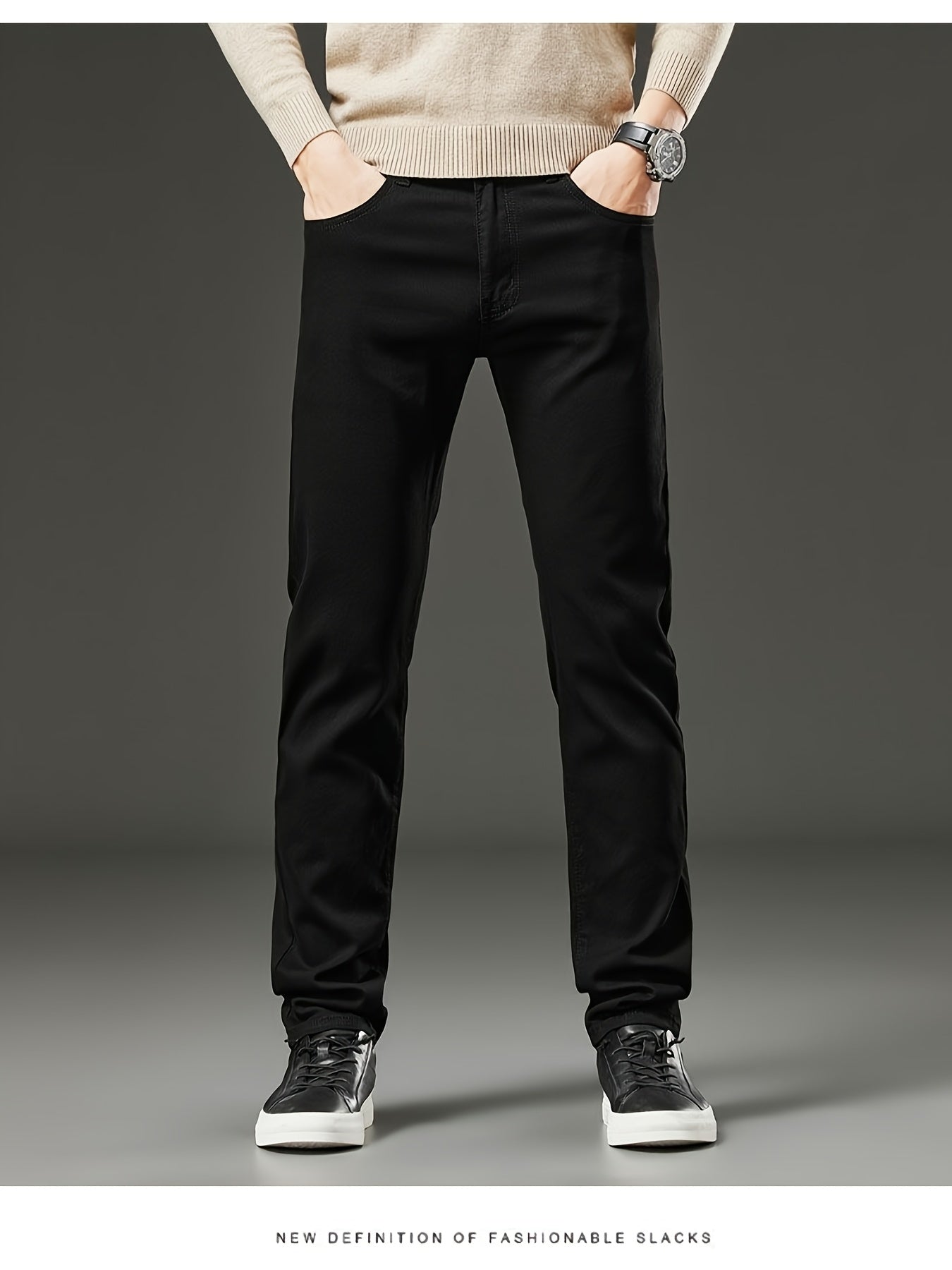 Slim fit men's jeans made of stretch denim in a solid color with washed details, suitable for year-round wear.