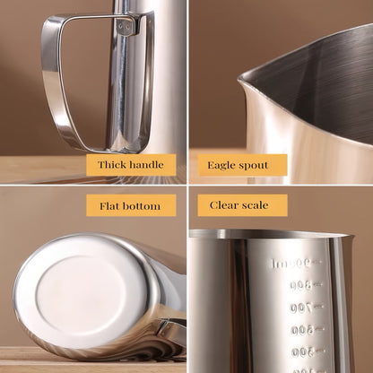 The Stainless Steel Coffee Art Cup is perfect for creating beautiful latte art, cappuccinos, and iced teas. Featuring convenient measurement marks and a large capacity, this milk frothing pitcher is available in 350ml, 600ml, and 900ml sizes.