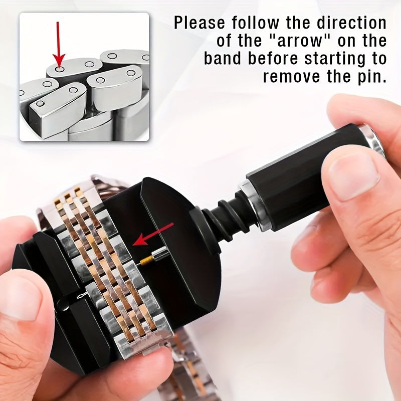 Watch Link Removal Tool Kit including 11 pieces, perfect for removing watch links and repairing watch bands. This tool kit is ideal for adjusting watch straps, resizing bracelets, and general watch repairs. A great choice for gifts.