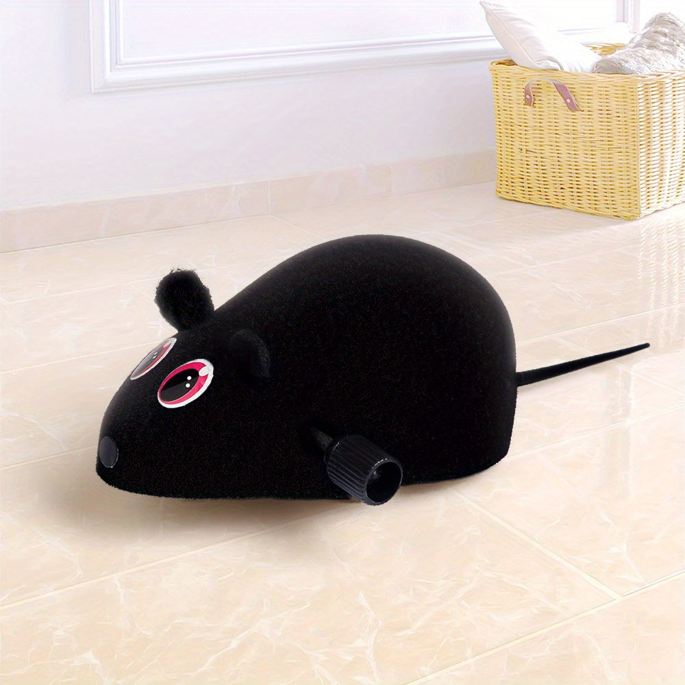 Battery-free plush mouse cat toy with wind-up mechanism, featuring animal print design for interactive fun.