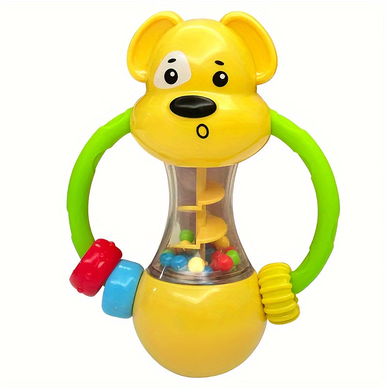 Battery-free handheld interactive vibrating toy for children, designed to improve sensory skills and hand grip strength. Made of yellow ABS material.