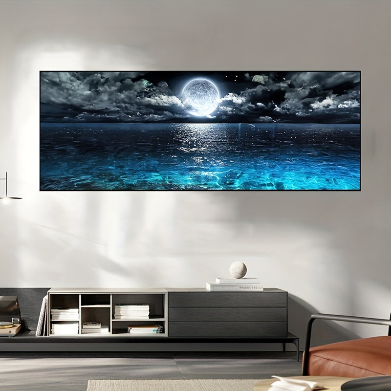 Modern abstract ocean and night moon landscape canvas poster. Ideal gift for bedroom and fall wall decor. Oil painting, no frame included.