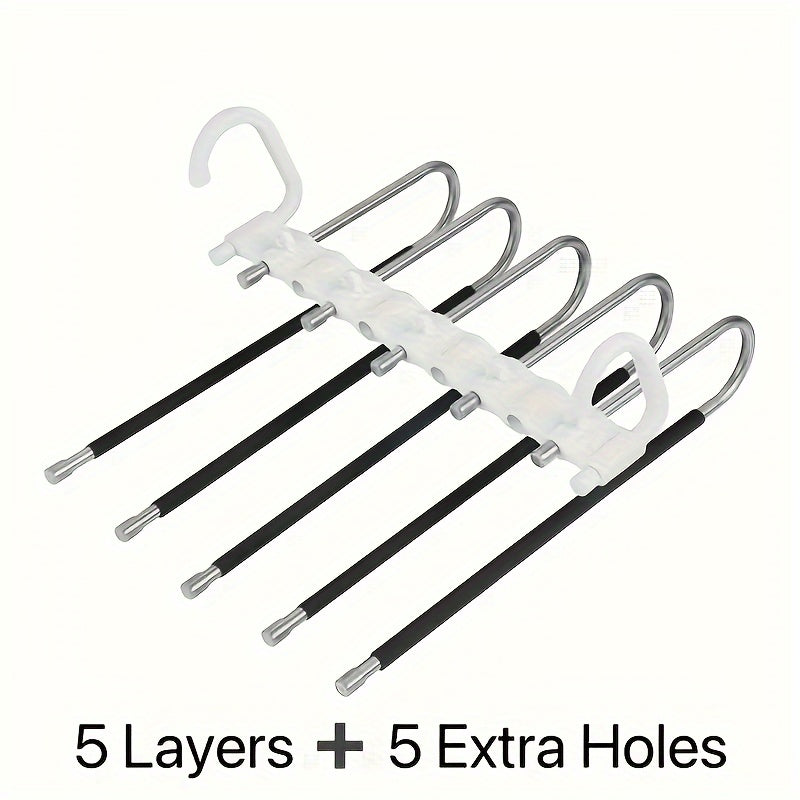 9-tier space-saving pants hanger with anti-slip coating, 5 extra hooks, stainless steel closet organizer for leggings, jeans, and trousers, maximizes wardrobe storage.