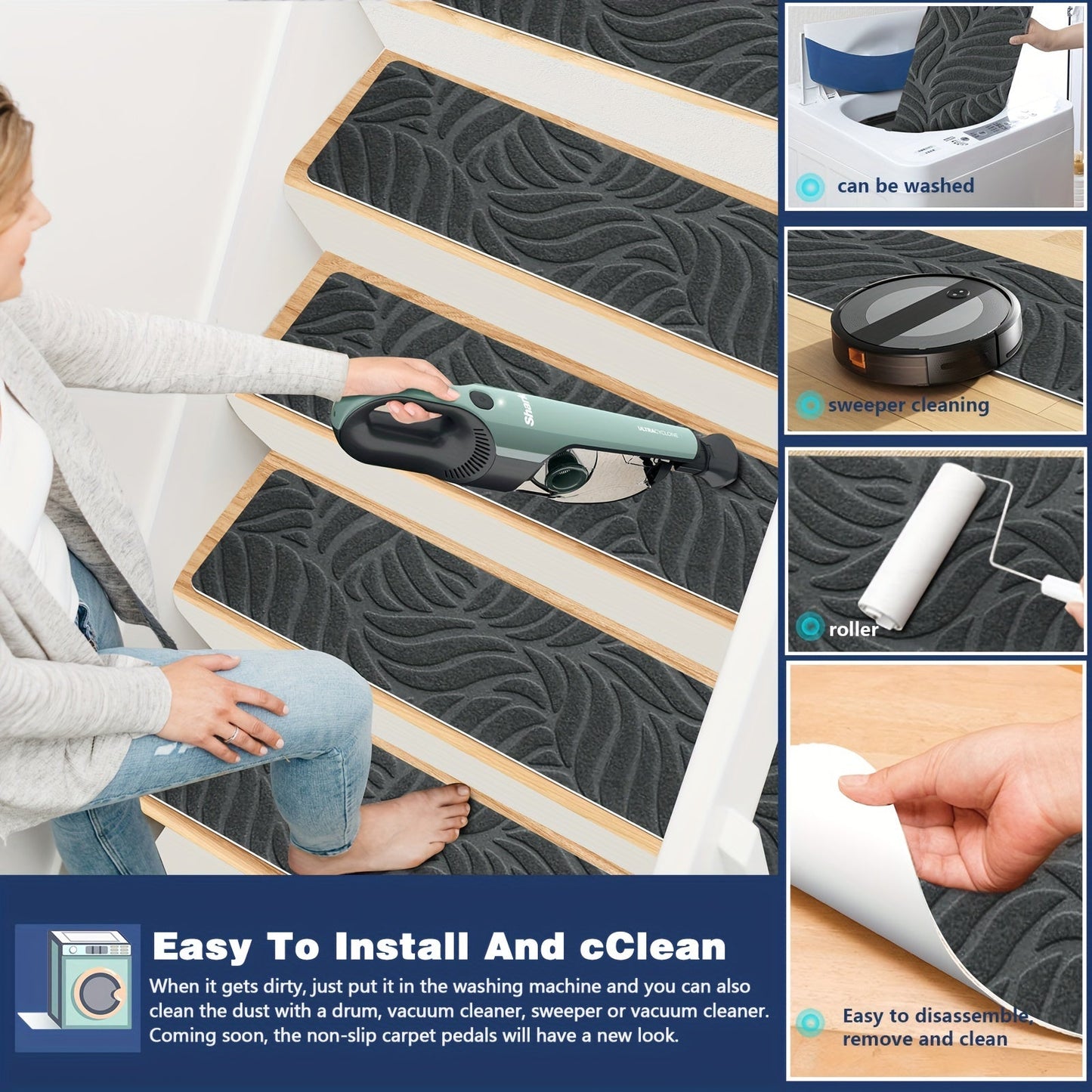 15 pieces of carpet stair treads by JAYFAN, designed for wood steps with non-slip features to provide safety for both pets and humans. These indoor stair treads are washable and reusable, making them a practical choice for any staircase.