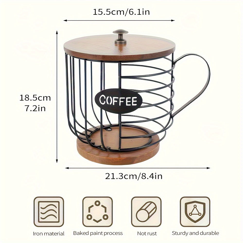 Большая современная корзина для кофе с деревянным основанием: вмещает большое количество кофейных капсул и эспрессо, идеально подходит для кухни, бара и ресторана - изготовлена из прочного железа