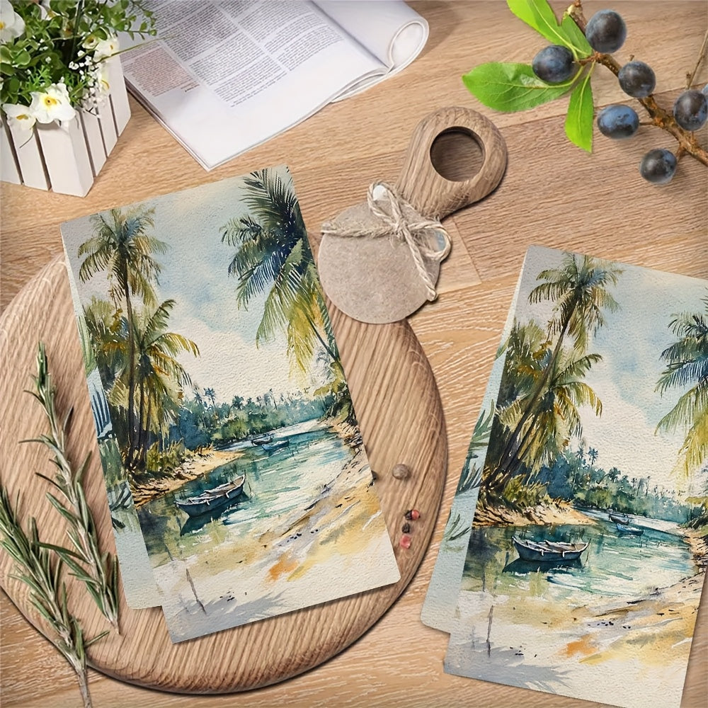 Two pieces of Tropical Lagoon Kitchen Towels made from super absorbent polyester knit fabric. Machine washable with a contemporary coastal style. Each towel measures 40.64x60.96 cm. Item number: 2KYSYS1218413.