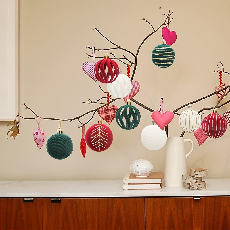 Valentine's Day plush ball ornaments in red, white, and green for decorations and parties.