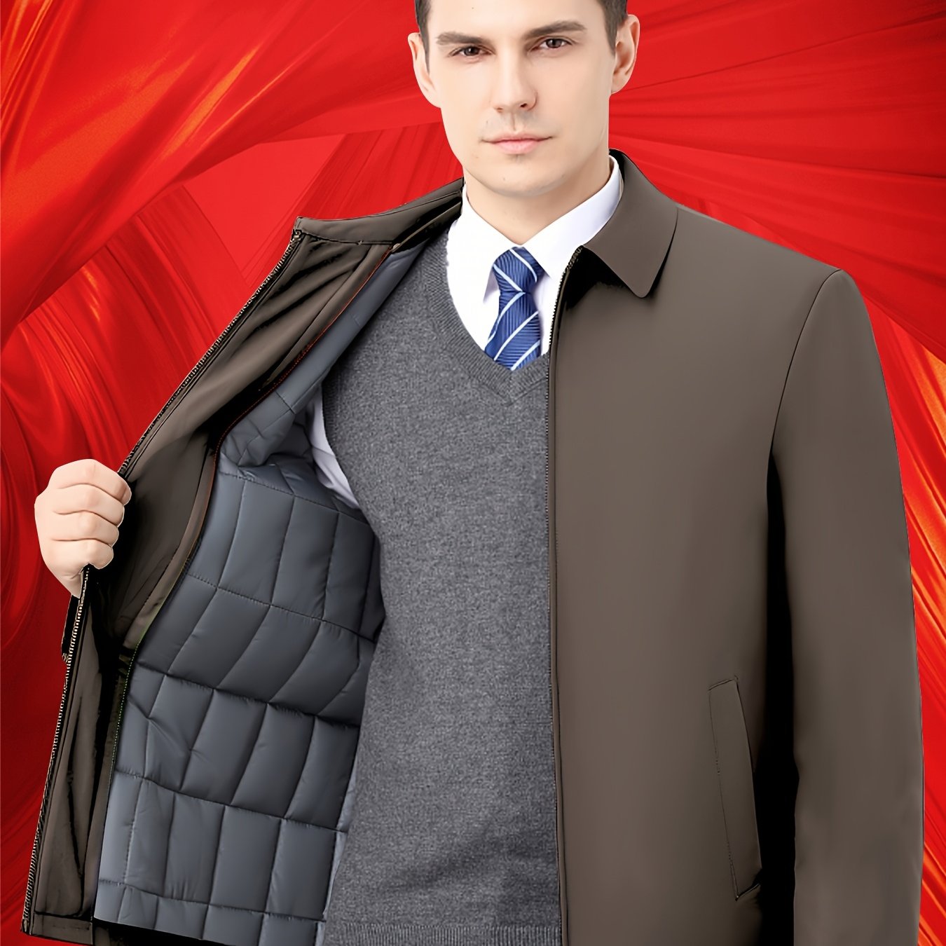 Men's Winter Thick Premium Lapel Jacket, 100% Polyester Solid Color Business Coat with Zipper Closure, Regular Fit