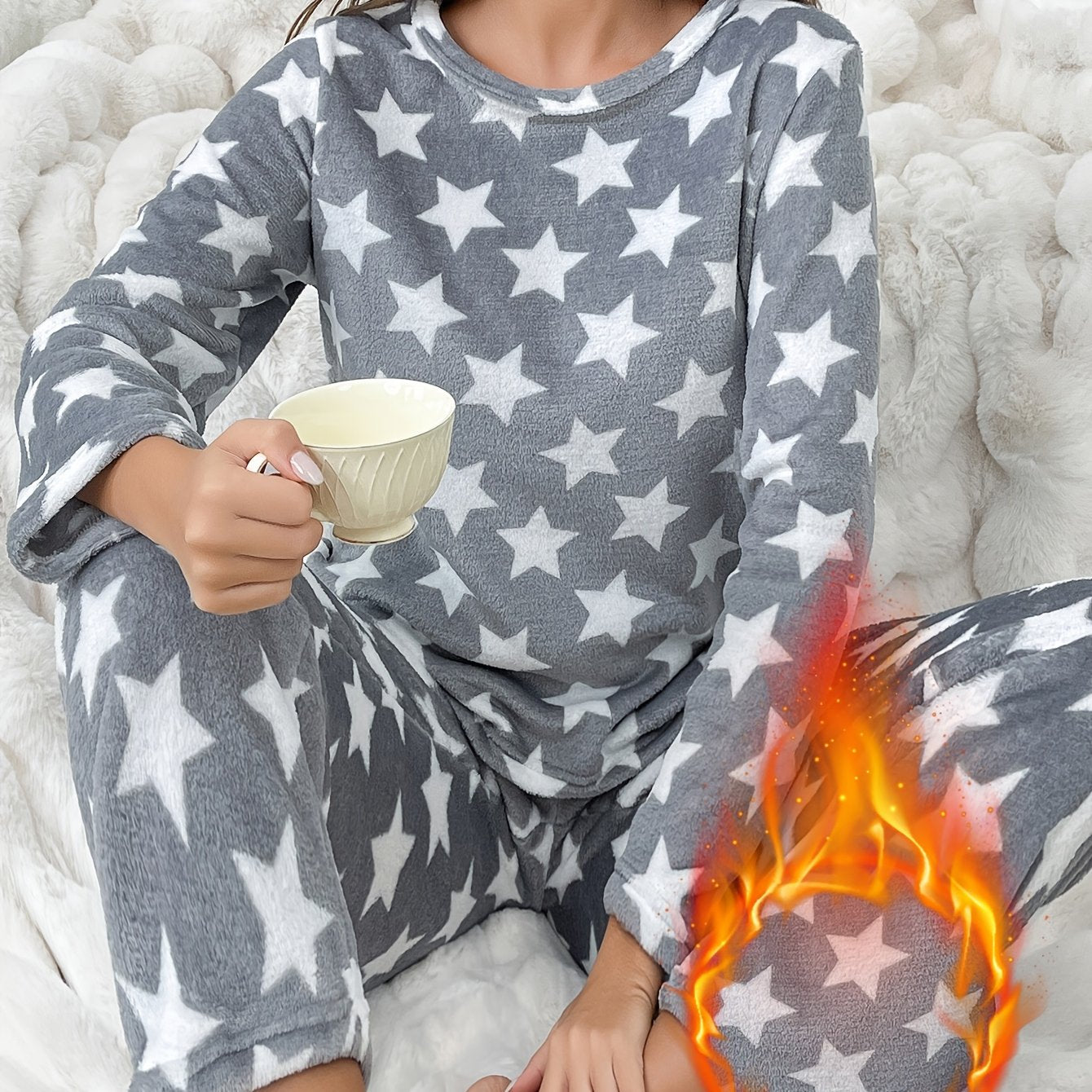 Ladies' 100% Polyester Knit Pajama Sets - Crew Neck Top and Pants with Pattern Detail, Cozy Flannel Loungewear for Fall/Winter